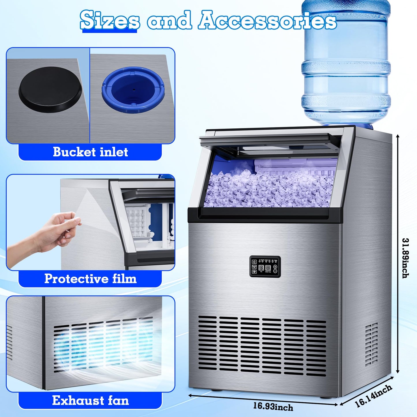 Ice Maker Commercial Ice Maker Machine 200lbs/24H with 34Lbs Storage, Stainless Steel Undercounter/Freestanding Ice Machine 2 Water Inlet Modes 55Ice/Cycle, Self-Cleaning for Homes Restaurants Bars
