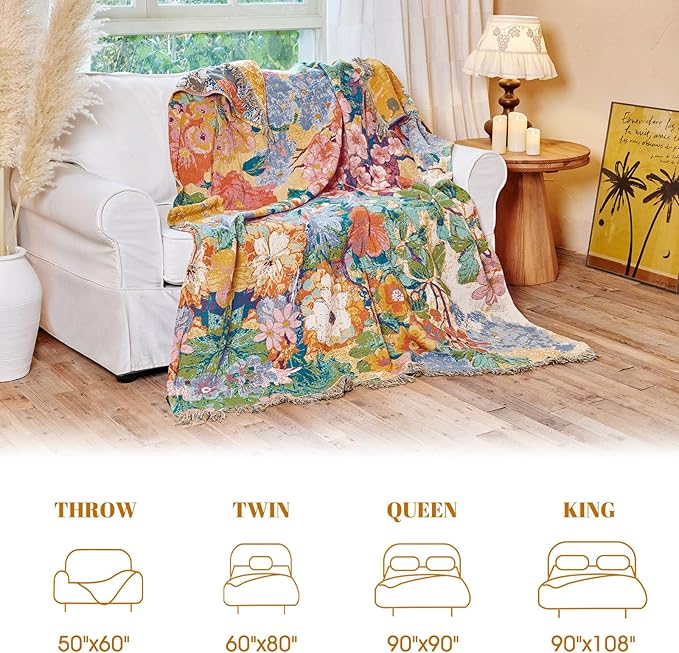 MSGKV Boho Throw Blanket for Couch 50"x60" Cotton Floral Blankets for Sofa Chair All Seasons Lightweight Muslin Breathable Farmhouse Home Decor