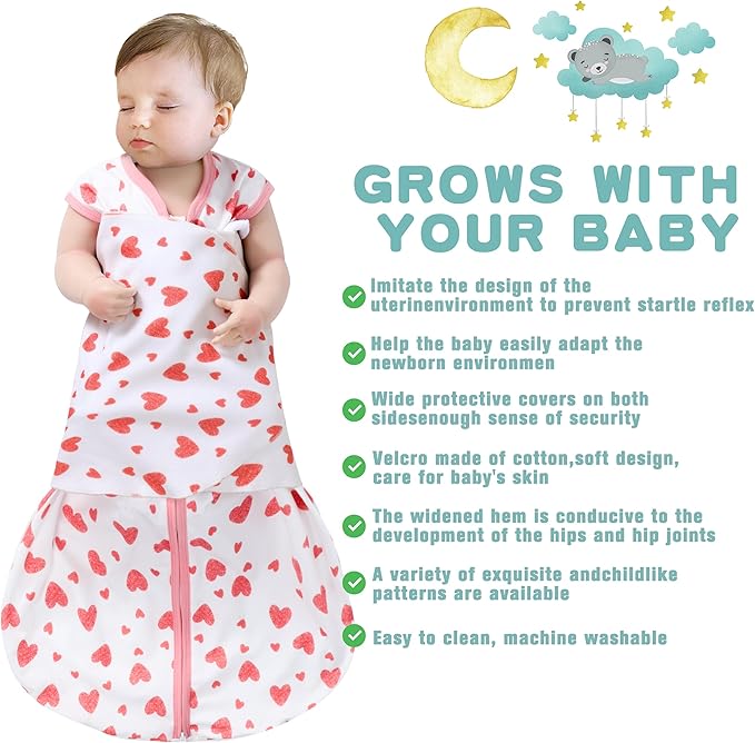 Newborn Sleep Sack Baby Swaddle,Swaddle me 0-3 Month,3-Way Adjustable Wearable Blanket,100% Rayon Cotton Swaddling Sleeping Bag，TOG 0.5 (Love, 0-3 Months)