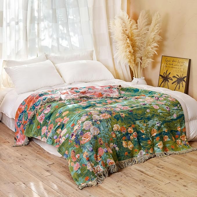 MSGKV Boho Throw Blanket for Bed Cotton Floral Twin Size Couch Blanket 60"x80" Muslin Breathable Lightweight Farmhouse Blankets All Seasons