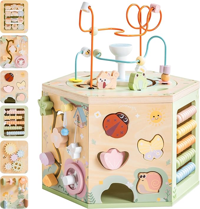 ROBUD 13-in-1 Wooden Activity Cube, Montessori Toys for 1+ Year Old Boys & Girls, Multipurpose Educational Sensory Toy for Toddlers, Educational Learning Toys, Fountain Garden Theme