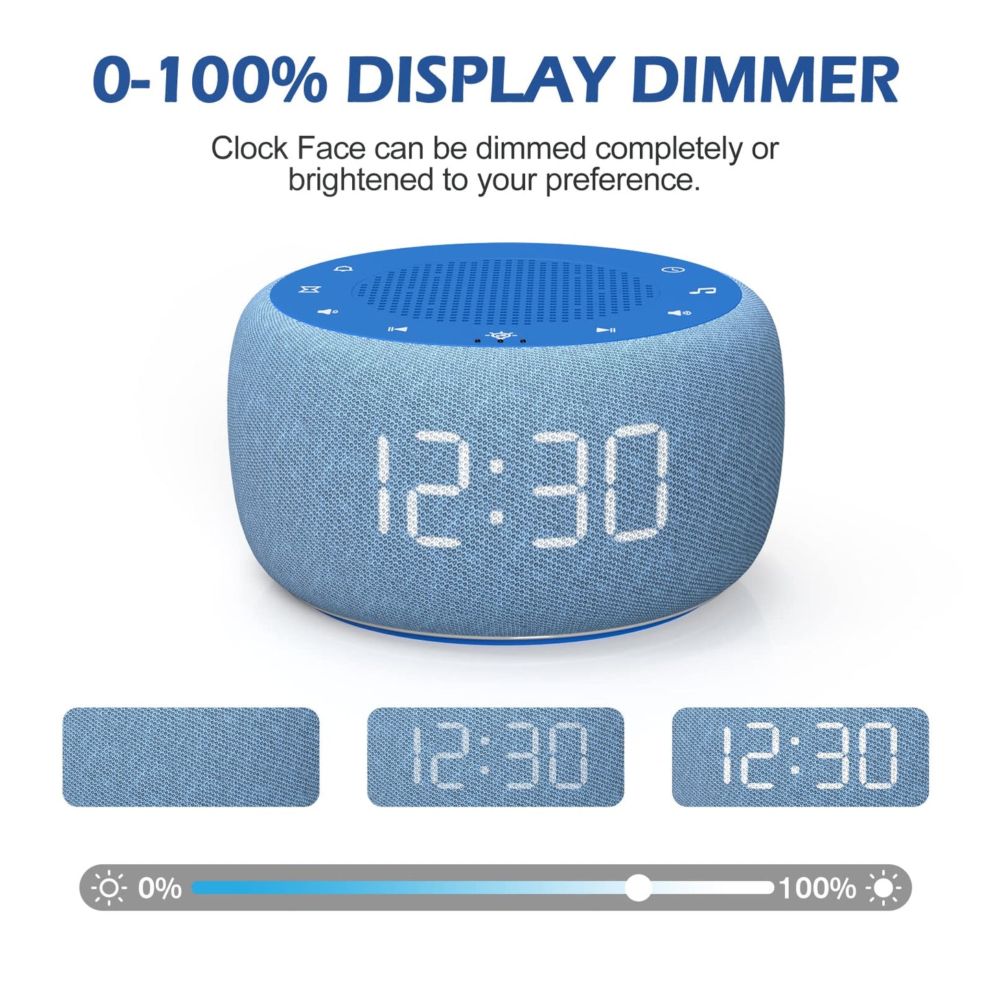 Buffbee Sound Machine & Alarm Clock 2-in-1, 0-100% Clock Face Brightness, Bottom Colored Light, Sleep Timer, Precise 30-Level Volume Control White Noise Machine - Twilight