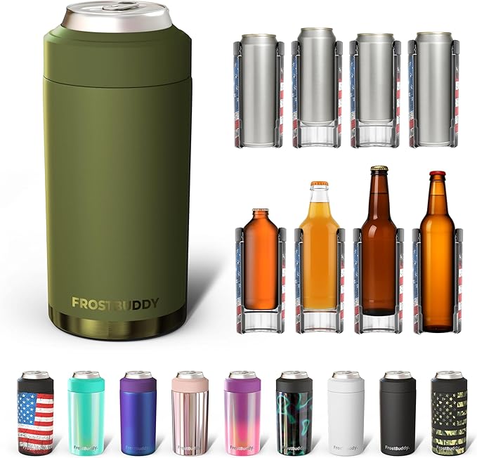 Frost Buddy Universal Can Cooler - Fits all - Stainless Steel Can Cooler for 12 oz & 16 oz Regular or Slim Cans & Bottles - Stainless Steel (Tactical Green)