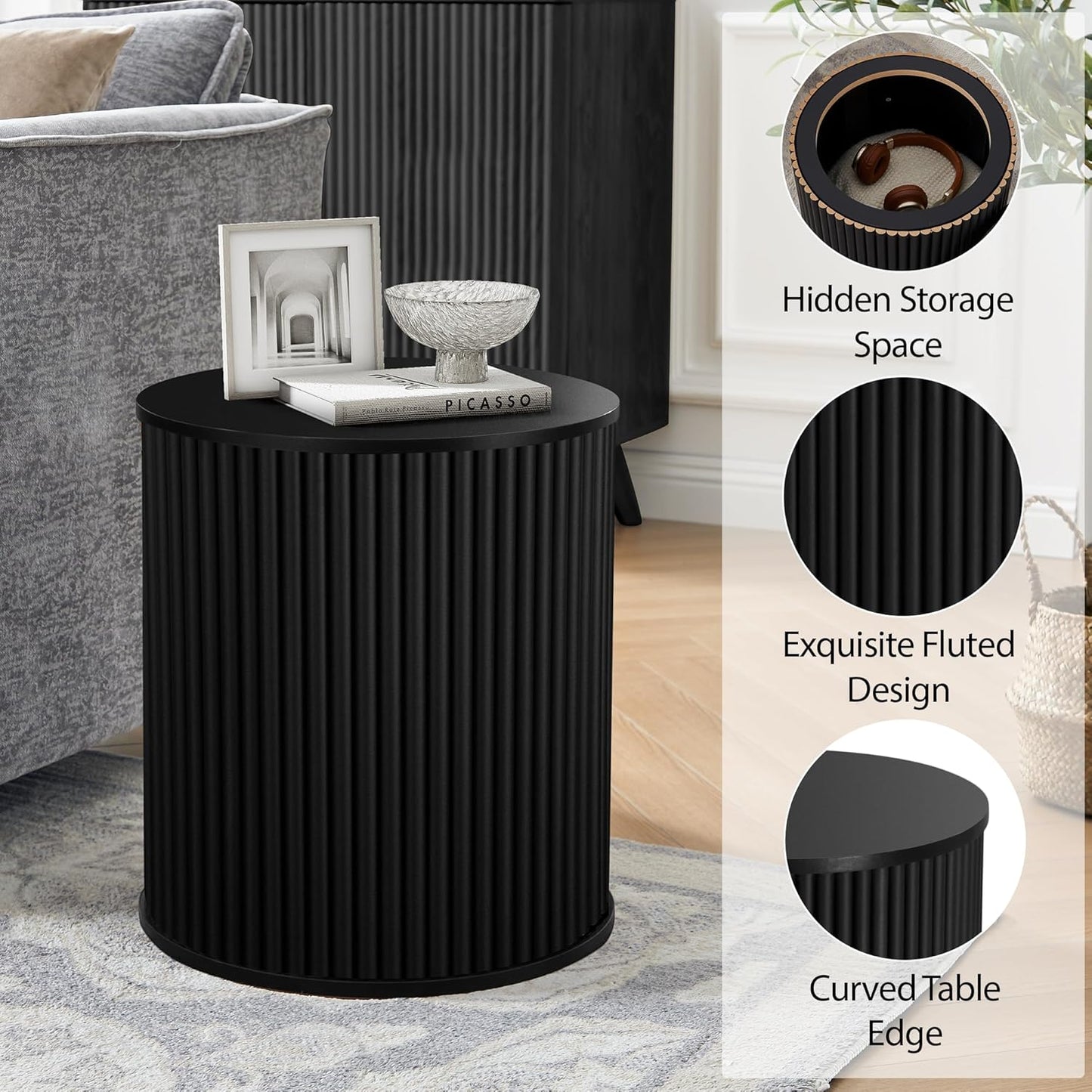 AVZEAR Fluted Round Side Table with Storage, Small Mid Century End Table Fluted Nightstands, Modern Circle Bedside Tables Wood Night Stand for Small Spaces, Living Room, Bedroom (Black)