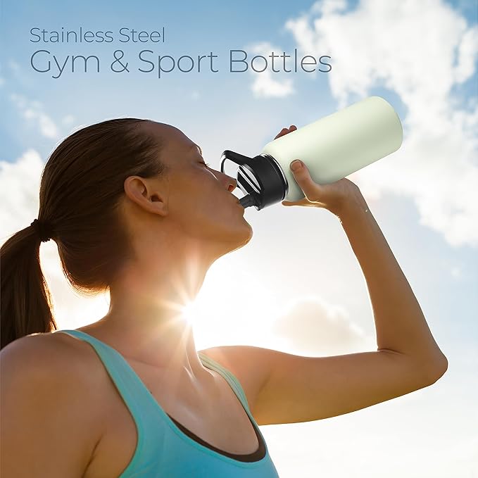 SipX™ Triple-Insulated Stainless Steel Water Bottle 32oz. With 3 Lids, BPA-Free Reusable Insulated Water Bottle Keeps Cold 24 Hours, Metal Water Bottle Made Of Sustainable Material For Hiking & Biking