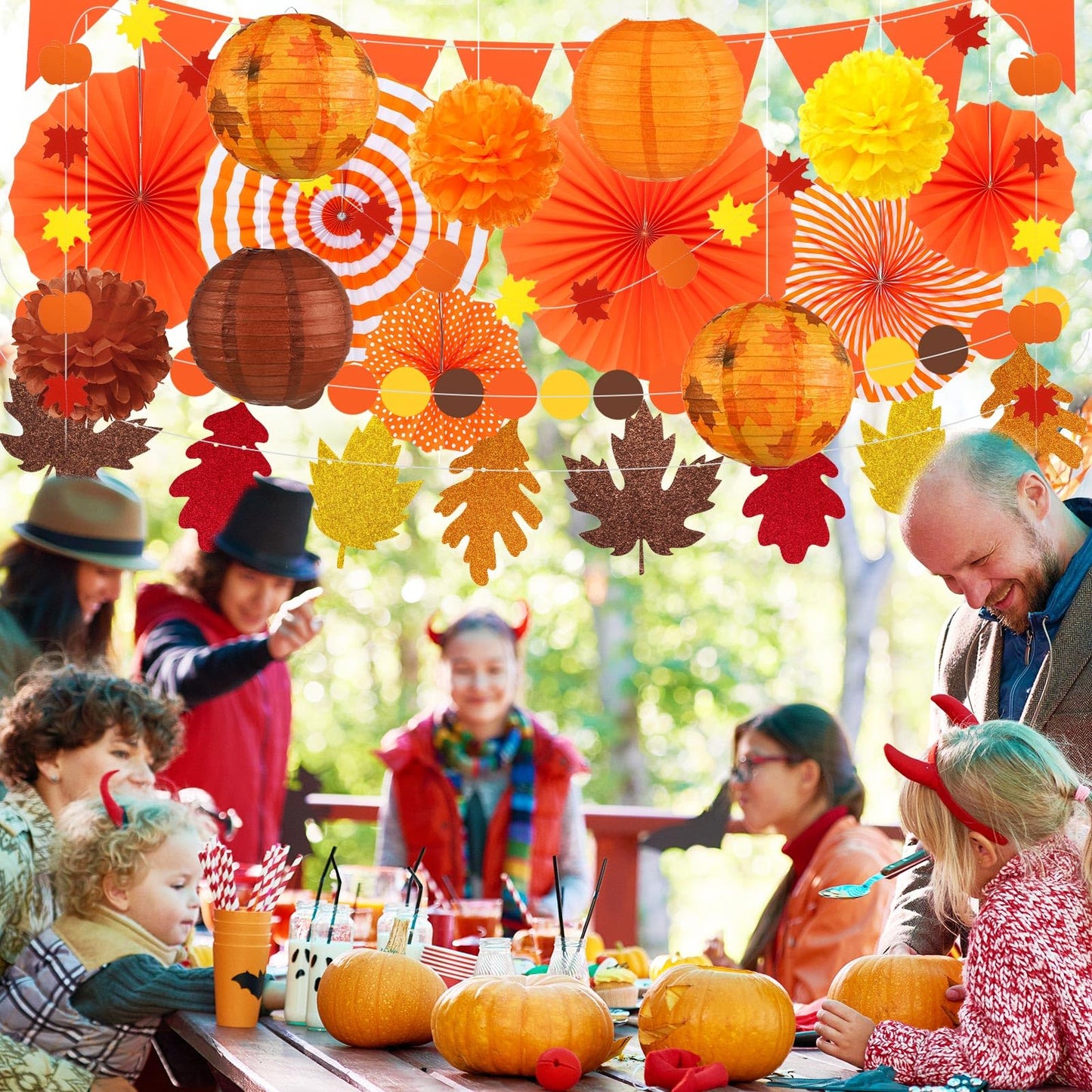 Yexiya 18 Pcs Thanksgiving Fall Party Decoration Includes Fall Paper Lanterns Autumn Paper Fans Pompoms Maple Leaf Garlands Flower Balls Hanging Ceiling Decorations For Thanksgiving Harvest Wedding