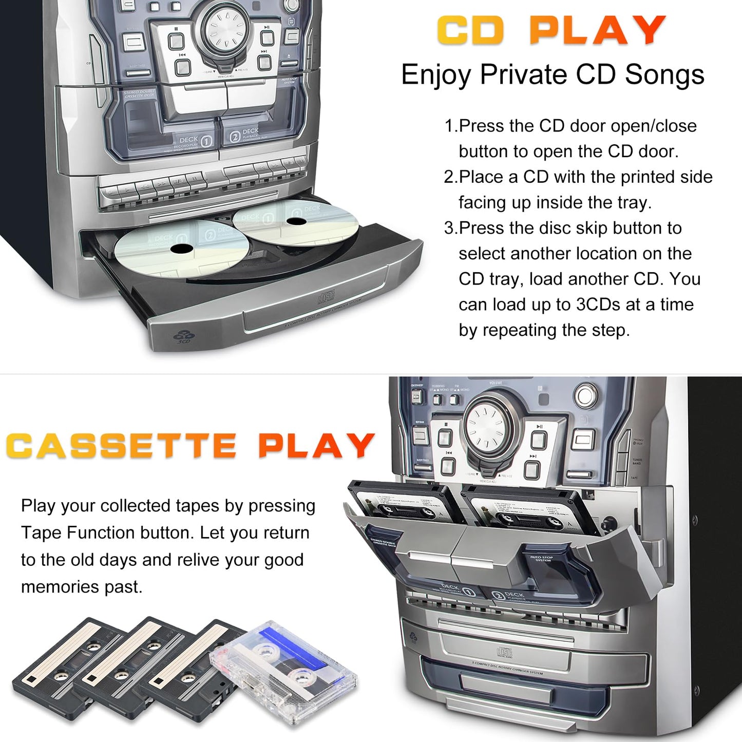 HONGUT Bluetooth Vinyl Record Player, 3-Speed Turntable & CD Music System, Dual Cassette Deck, Black, Model HF-638PBT-1
