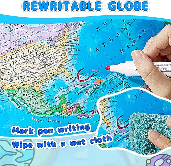 GOCHANGE 8" Kids Globe, Political Globe with HD Waterproof Surface & Writable & Erasable Globe & Bright Colors to Stimulate Children's Interest, Funny Educational Tools & Desk Decoration & Gifts
