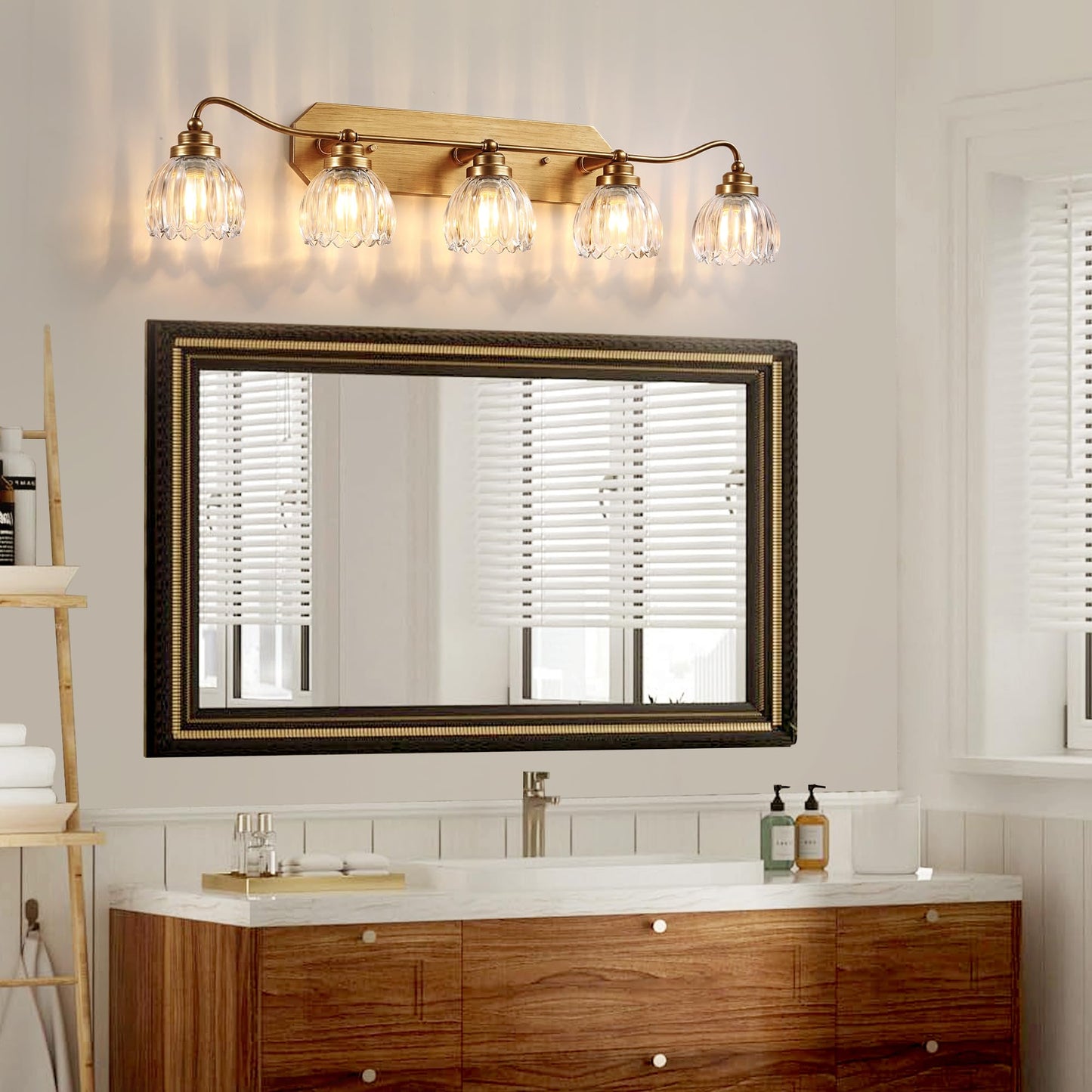 Vintage Bathroom Light Fixtures  5 Light Gold Bathroom Vanity Light  Matte Antique Brass Finish With Crystal Glass Shade  Wall Sconces Lighting For Bedroom  Living Room  Hallway
