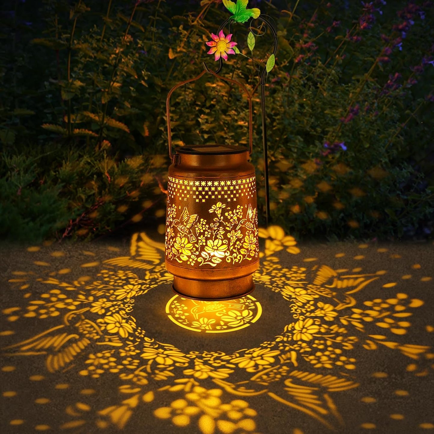 2 Pack Solar Lanterns Outdoor Hummingbird Garden Decor, Birthday Gifts for Mom Women Grandma Waterproof Metal Hanging Solar Lights with Shepherd Hook LED Decorative Outside for Yard Porch Lawn Patio