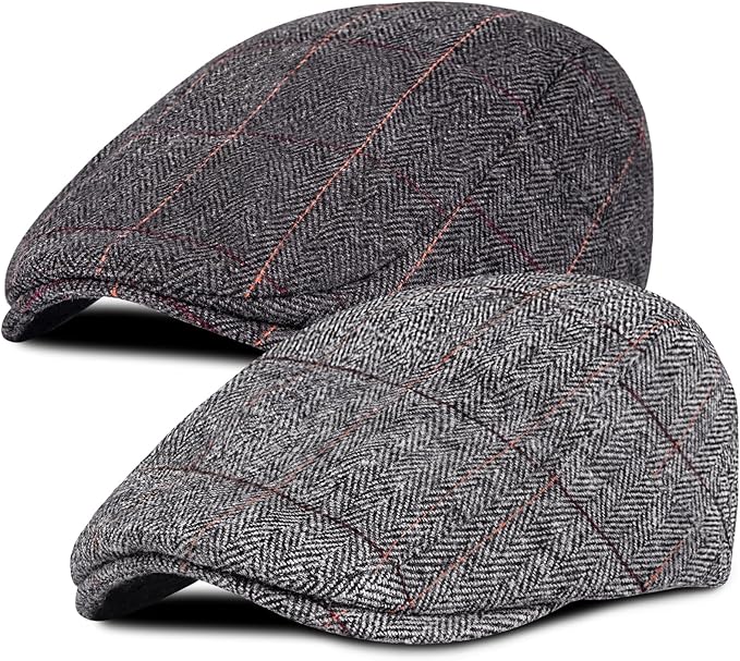 Senker Fashion 2 Pack Newsboy Cap for Men Adjustable Herringbone Tweed Wool Hats Blend Flat Cap Ivy Cabbie Driving Hat