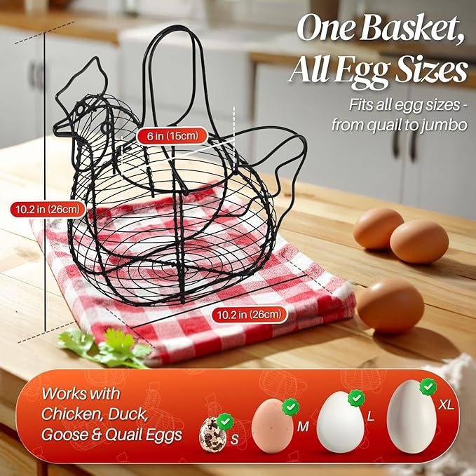 Flexzion Chicken Egg Holder, Black, Rectangular Wire Basket with Handle for Eggs, Fruits, Vegetables, Countertop, Farmhouse Rustic Style