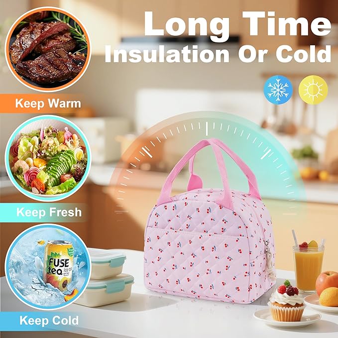 Lunch Bag for Women Insulated Lunch Box Reusable Cooler Bag Portable Cute Quilted Cotton Bag Leakproof Tote Bags for Travel, Work, and Picnic, Mini Cherry