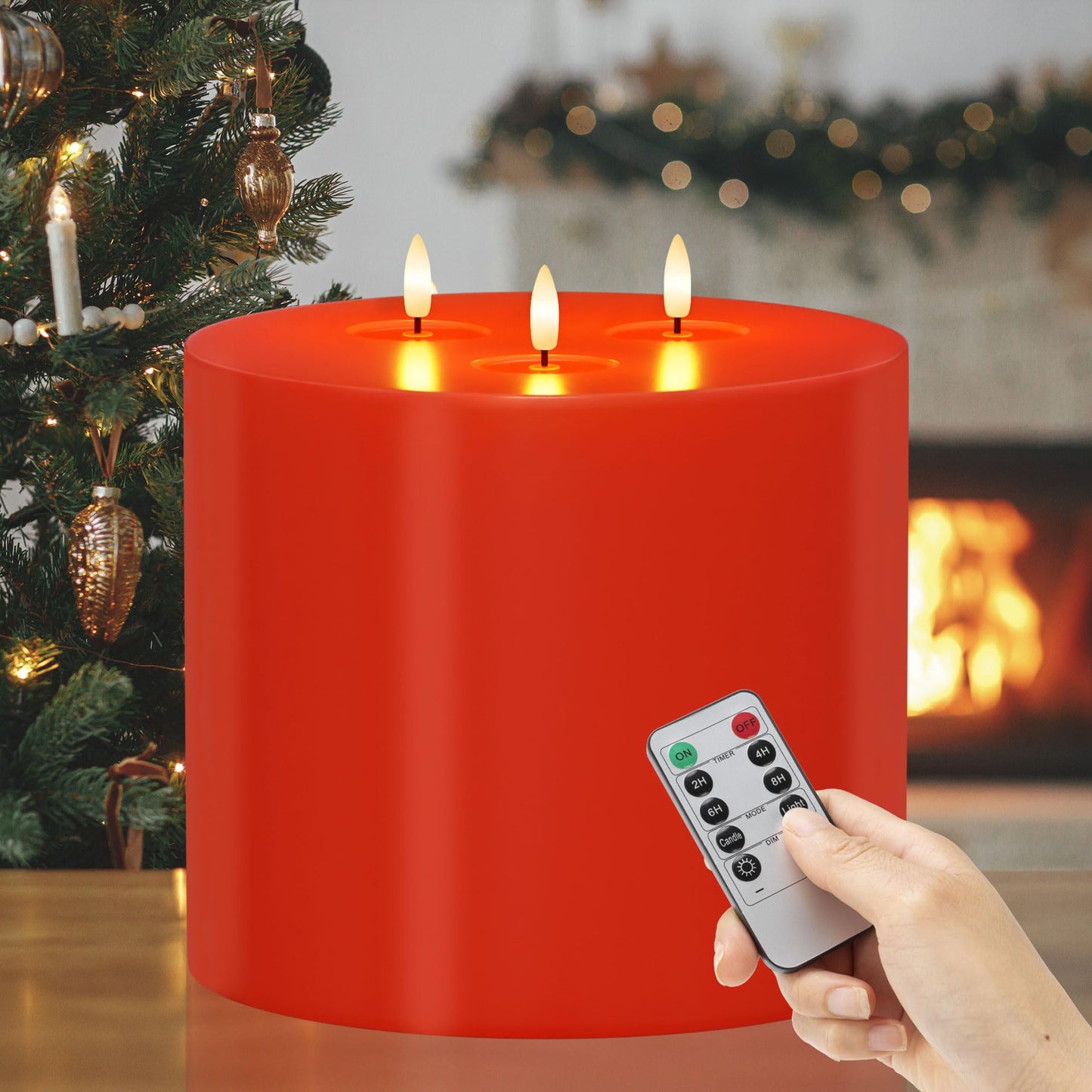 AFINETH Extra Large Red Flameless Candles with Remote, 6"x6" Real Wax Christmas LED Candles with 3 Wicks, Battery Operated Flickering Fake Candle for Xmas, Home, Party Decor