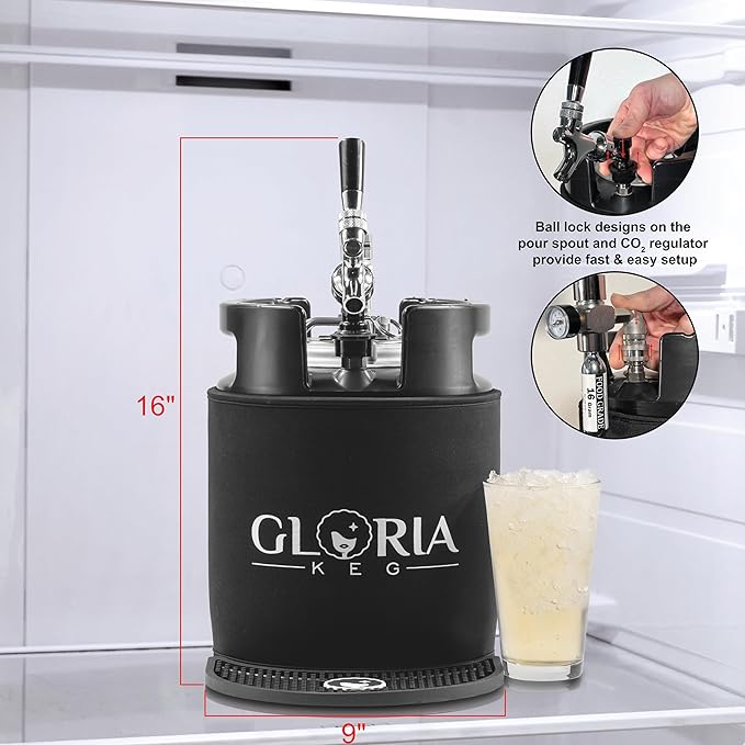Gloria 7L (1.8 Gal) Mini Keg, Pressurized Keg for Drinks, with Tap System, Co2 Regulated, Stainless Steel