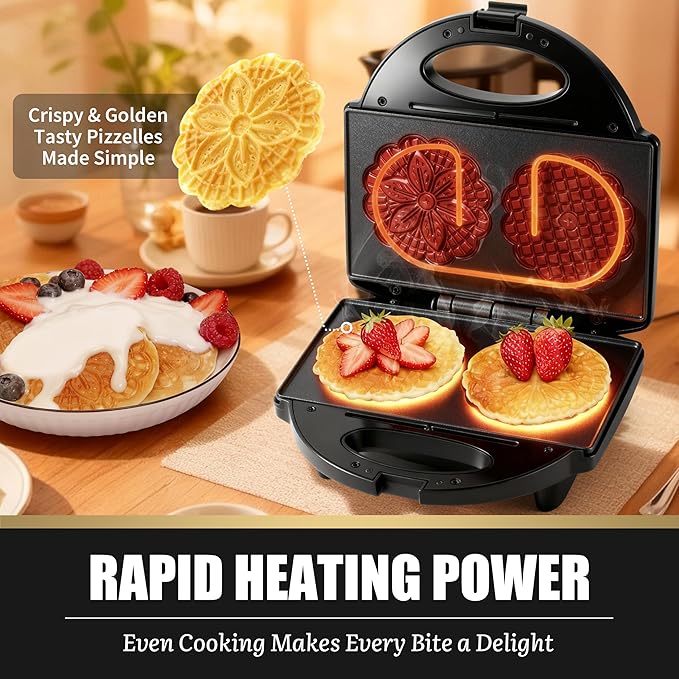Pizzelle Maker with Non-Stick Coating, Electric Pizzelle Cookie Baker Press with Snowflake Pattern, Make Two 4 Inch Traditional Italian Waffle Cookies at Once, Recipe Included