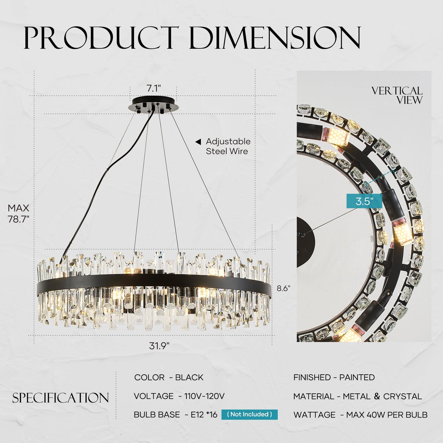 Lighceac 31.9 Black Modern Crystal Chandelier Light Fixtures stylish 2 Ring Crystal Chandeliers For Dining Room 16-Light Round Hanging Pendant Lighting For Living Room Kitchen Island Entryway Bedroom