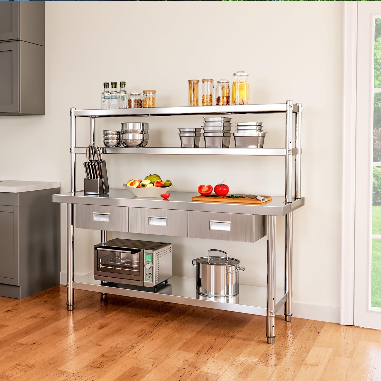 YITAHOME 60" X 24" NSF Stainless Steel Table with Overshelves and 3 Drawers, Work Table with 60" X 12" Shelf & 3 Drawers, Metal Table Prep Table for Commercial Home Kitchen Restaurant Garage Warehouse