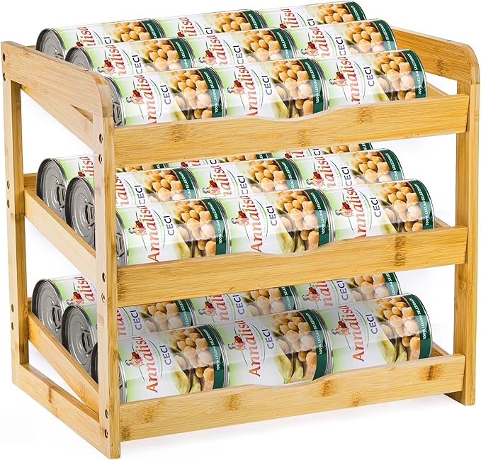 TOPZEA Soda Can Rack Organizer for Pantry, 3 Tier Bamboo Stackable Can Goods Storage Dispenser Shelf Canned Food Holder Stand for Kitchen Coutertop, Cabinet, Hold up to 36 Cans