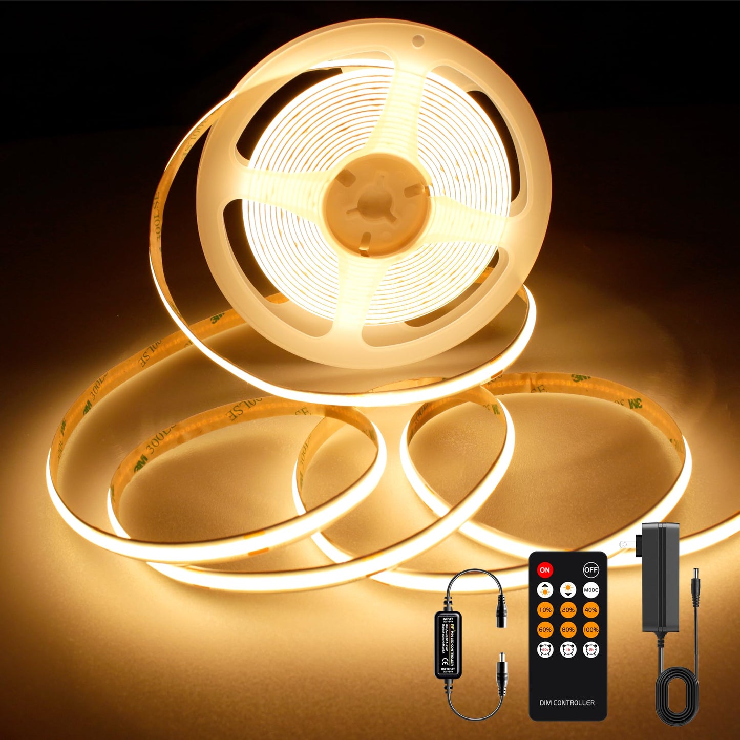 AXMOTUT COB LED Strip Light, 16.4FT Warm White 2700K, Dimmable, RF Remote, UL Power Supply, Model AM-320-5H