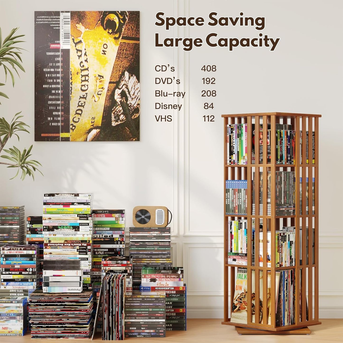 XIMN 360° Rotating Bamboo CD/DVD Shelf - 6-Tier Space-Saving Media Storage Cabinet for Movies, Organizer with Super Compact Design (Walnut, 4 Tier)