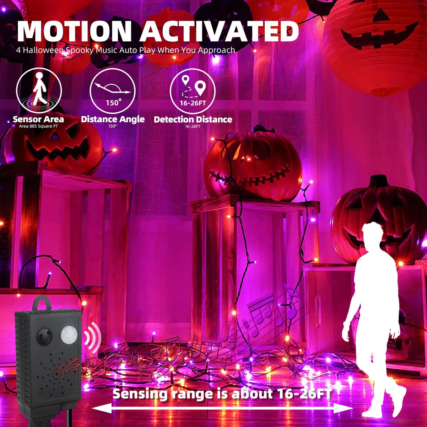 Mzd8391 Halloween String Lights - 108Ft, 300Led, Waterproof, Motion Sensor, Orange & Purple, For Indoor/Outdoor Decor