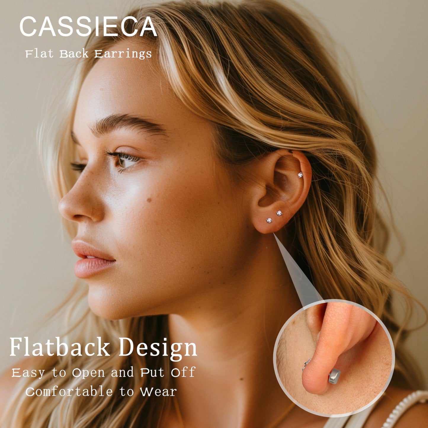 CASSIECA 6 Pairs 20G Cartilage Earring Stud for Women Men 316L Surgical Steel Flat Back Earrings Set, 4mm Round CZ Flat Back Stu
