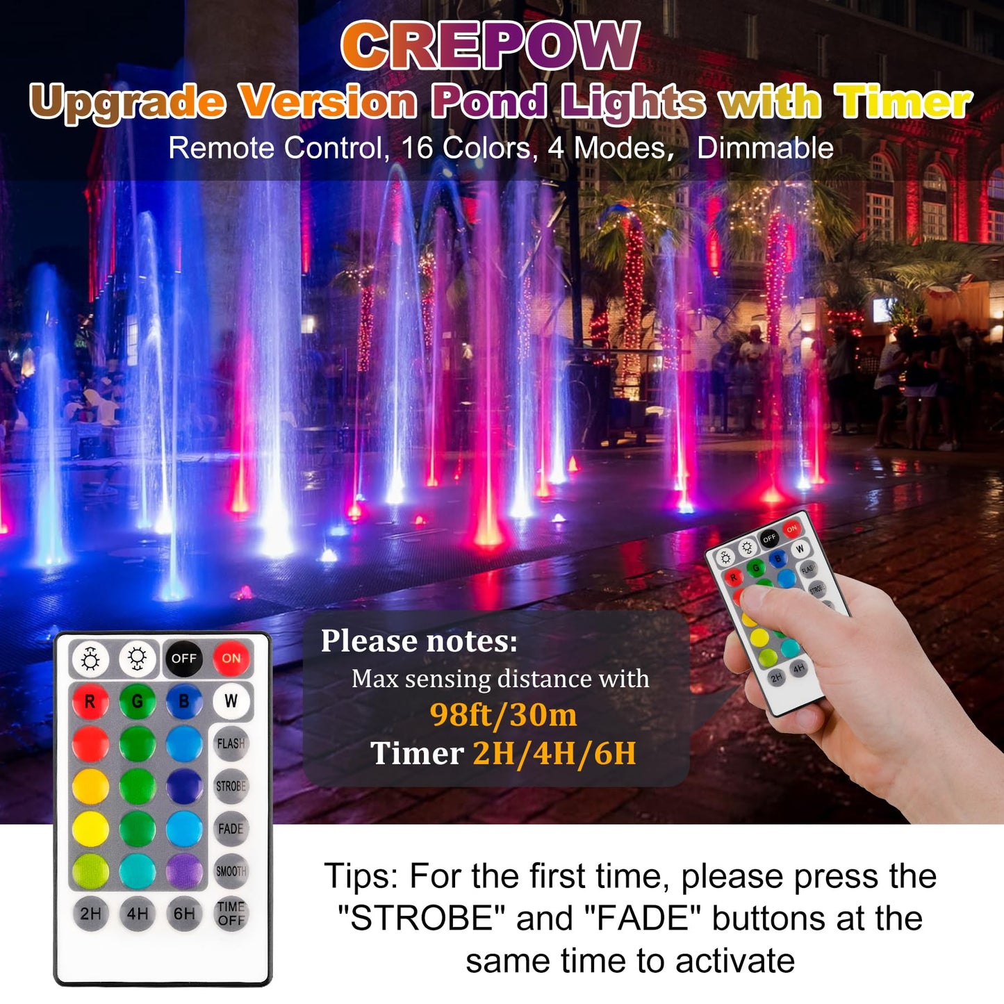 CREPOW RGBW Pond Lights - 18 LED Submersible Fountain Lights, IP68 Waterproof, Remote Control, Multicolor - Set of 6, Model TS-F2230