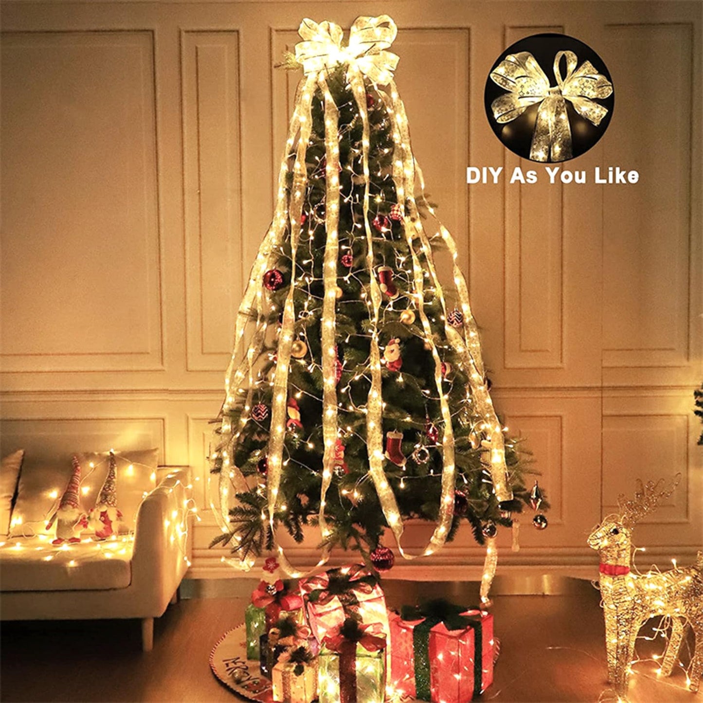 Zjhgdr Christmas Ribbon Fairy Lights  Copper Wire White String Lights Glitter Gold Ribbon Lights 2.5Inch X16.4Ft 50 Leds Battery Operated Fairy String Lights For Xmas Tree Indoor Decorations