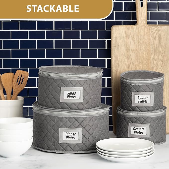 China Storage Case - Salad Plate Quilted Case - 10" W x 6" H - Gray - Includes 12 Felt Separators - Stackable With Padded Interior to Store your Dinnerware Dishes