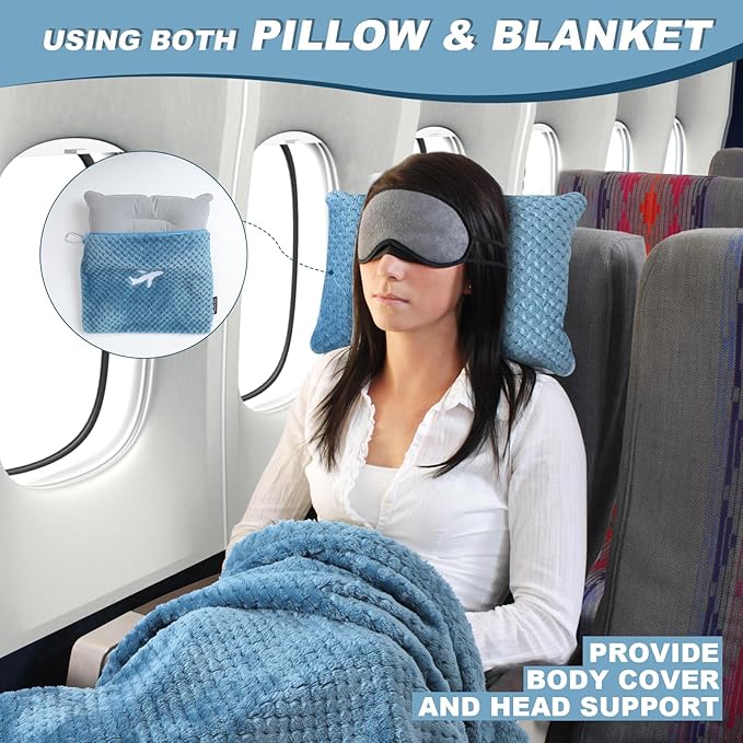 3 in 1 Travel Pillow and Blanket Set - 280 GSM Travel Blanket Airplane Compact with Bag, Inflatable Travel Pillow, Packable Airplane Blanket, Luggage Sleeve & Backpack Clip (Slate Blue)