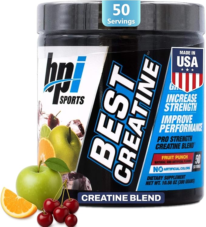 BPI Sports Best Creatine - Creatine Monohydrate Powder for Men & Women, Himalayan Salt - Strength, Pump, Endurance, Muscle Growth, Muscle Definition - No Bloat – Fruit Punch – 50 servings – 10.58 oz