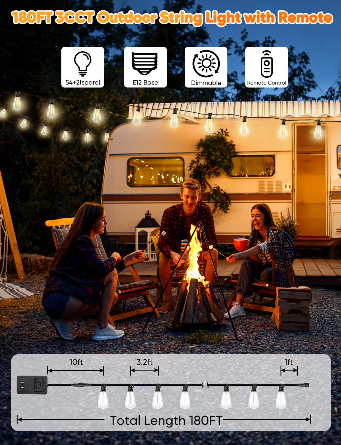 Brightever LED String Lights with Remote Control, 180FT, 2700K/4000K/5000K, 56 Shatterproof Bulbs, Black, Model CMPC