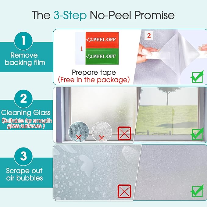 Coavas Window Privacy Film Frosted Glass Static Clings, Decorative Bathroom Door Privacy Film Day and Night, Heat UV Blocking Anti-Glare Frosting Stickers Renter Non-Adhesive, 45.2 x 157.5 Inch, Pure