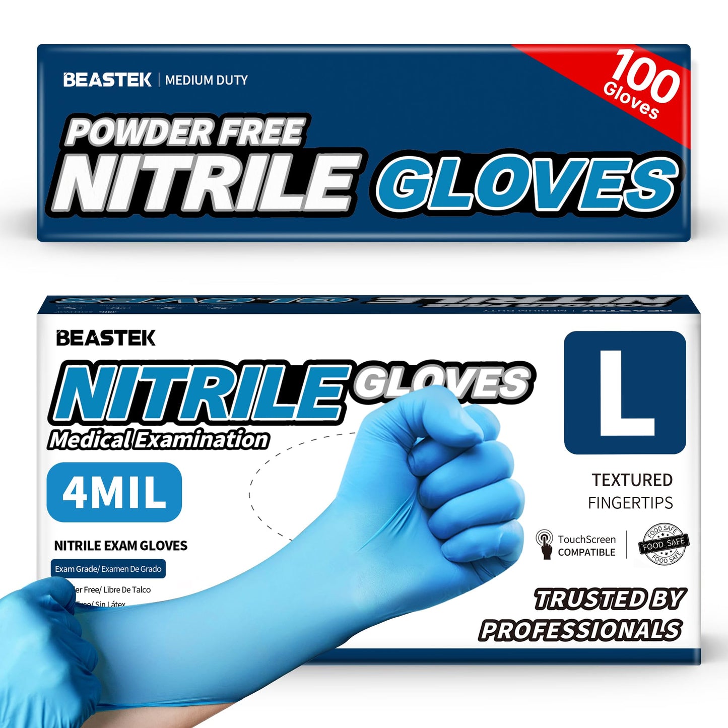 Beastek Blue Nitrile Exam Gloves, 4 mil Powder-Free Latex-Free Non-Sterile Food Safe Disposable Medical Glove, 100 Pcs (Large)