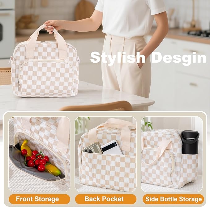 Large Lunch Bag for Women Insulated Lunch Box Reusable Cooler Bag Portable Cute Corduroy Leakproof Tote Bags for Travel, Work, and Picnic, Beige and White