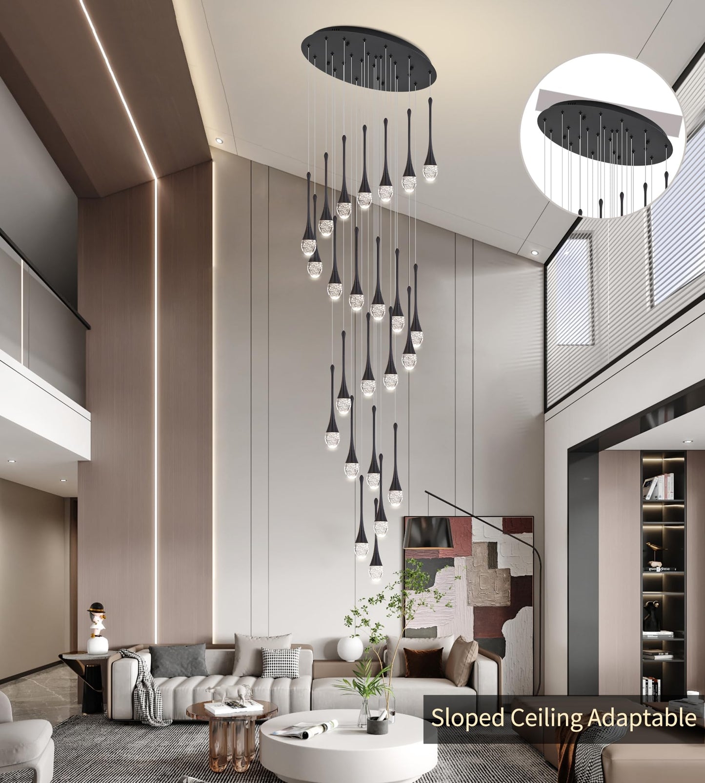Upfelw Modern Crystal Staircase Chandelier Polished Black 24-Lights  H138 Large High Ceiling Spiral Dimmable Led Raindrop Foyer Entryway Light Fixture Remote Control