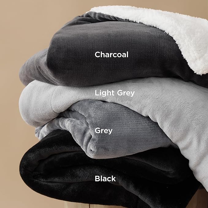 Bedsure GentleSoft Sherpa Fleece Blankets Queen Size for Bed - Thick and Warm, Soft Fuzzy Plush Queen Blanket for Winter, Grey, 90x90 Inches