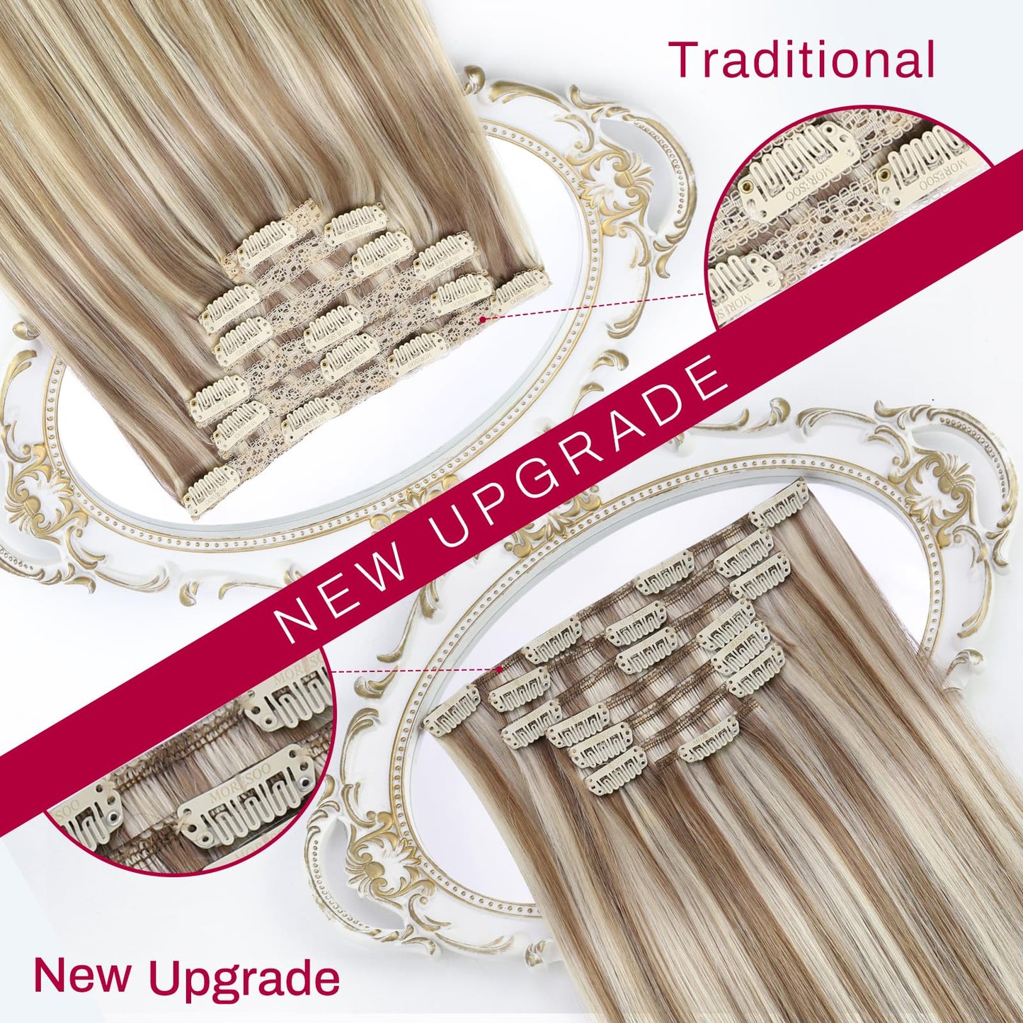 Moresoo Balayage Hair Extensions Clip in Real Human Hair Brown to Light Brown with Golden Blonde Ombre Clip in Extensions Human