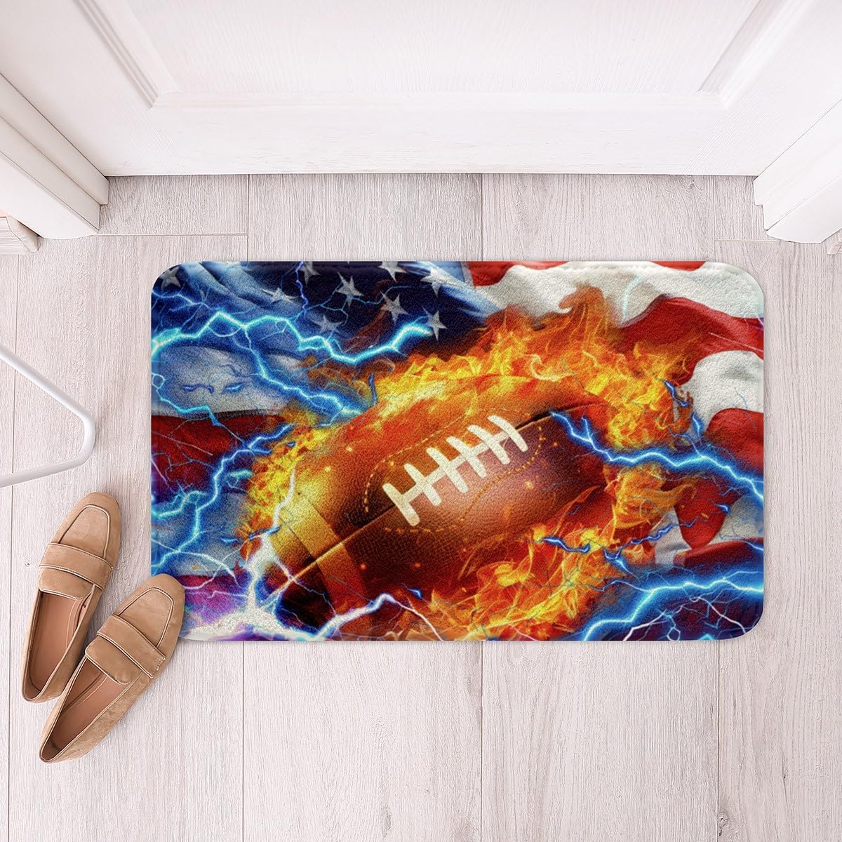 Feelyou 3D Football Polyester Bath Rug American Flag Soft Fleece Door Carpet for Kids Boys Girls Fire Ball Games Sports Non Slip Bath Mat Retro USA Flag Bathroom Floor Indoor Doormat,20x32 Inch