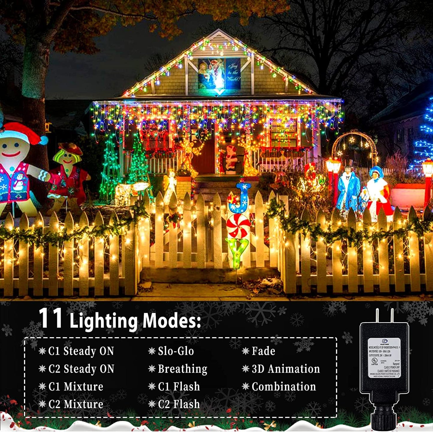 KNONEW Outdoor Color Changing LED Curtain Lights, 400 LED, 33ft, Warm White to Multicolor, 11 Modes, Clear Wire, Model BG-CL3M3-306L