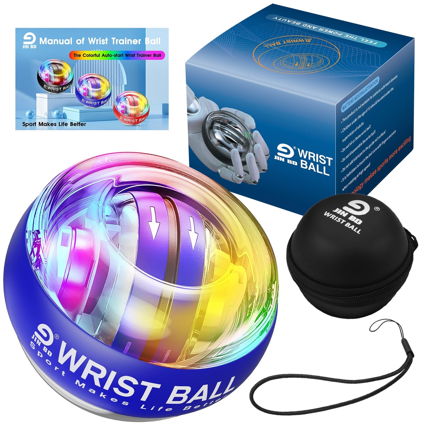 JIN BD Wrist Trainer Ball Auto-Start Strengthener Gyroscopic Forearm Exerciser Gyro for Strengthen Arms, Fingers, Bones and Muscles with LED Light，Blue