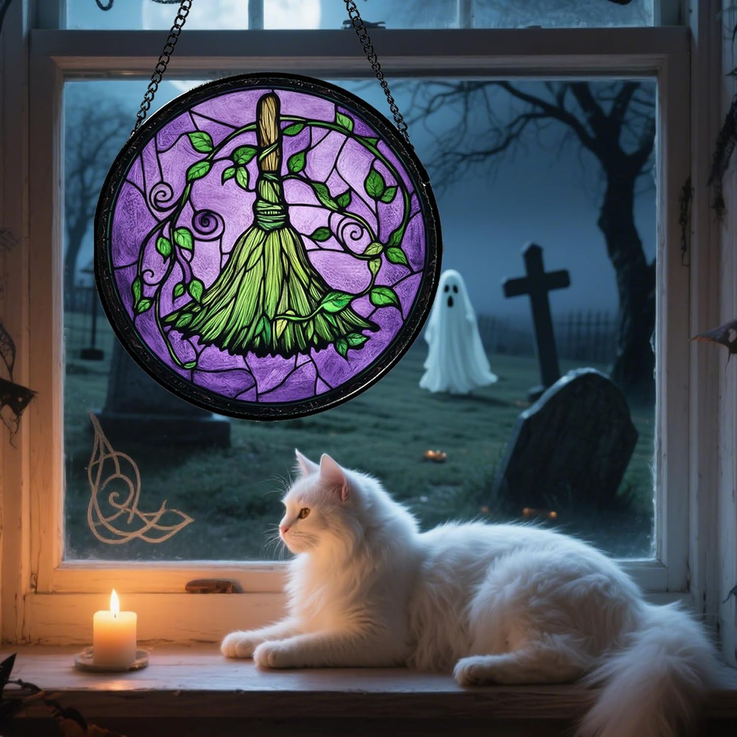 Stained Glass Window Hanging - Halloween Decorations Witch Magic Broom Suncatcher for Doors Garden Indoor Funny Spooky Sun Catchers Gothic Decor Horror Gifts for Women Men Friend 15 in
