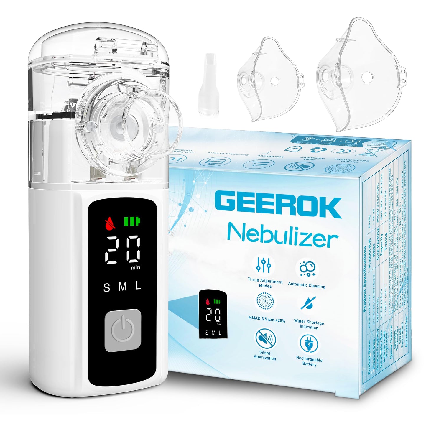 Geerok Portable Nebulizer for Adults and Kids,Rechargeable Nebulizers Machine with High-Definition Digital Display Screen, Steam Inhaler with Three Modes & Self-Cleaning Function for Breathing Problem