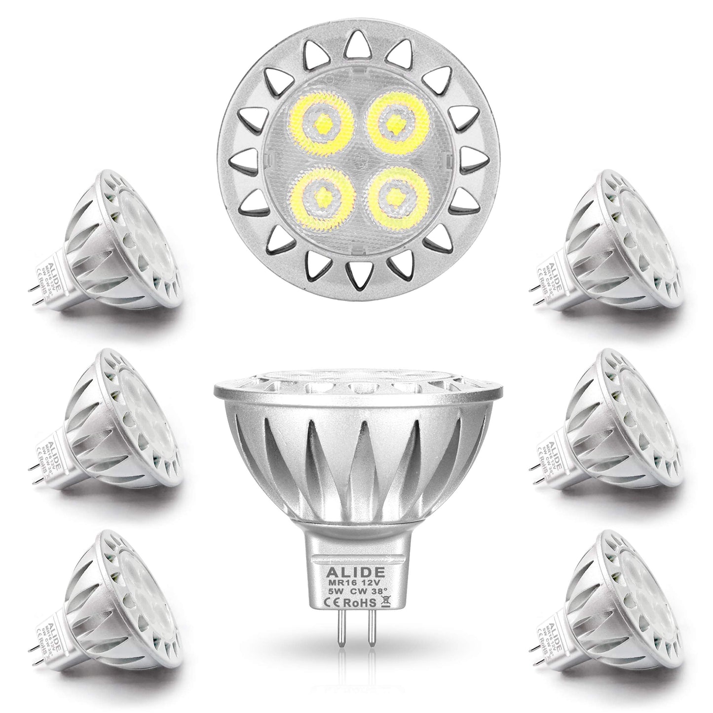 ALIDE MR16 LED Bulbs 5W 6000K Daylight White 450lm 6 Pack GU5.3 Low Voltage Not Dimmable
