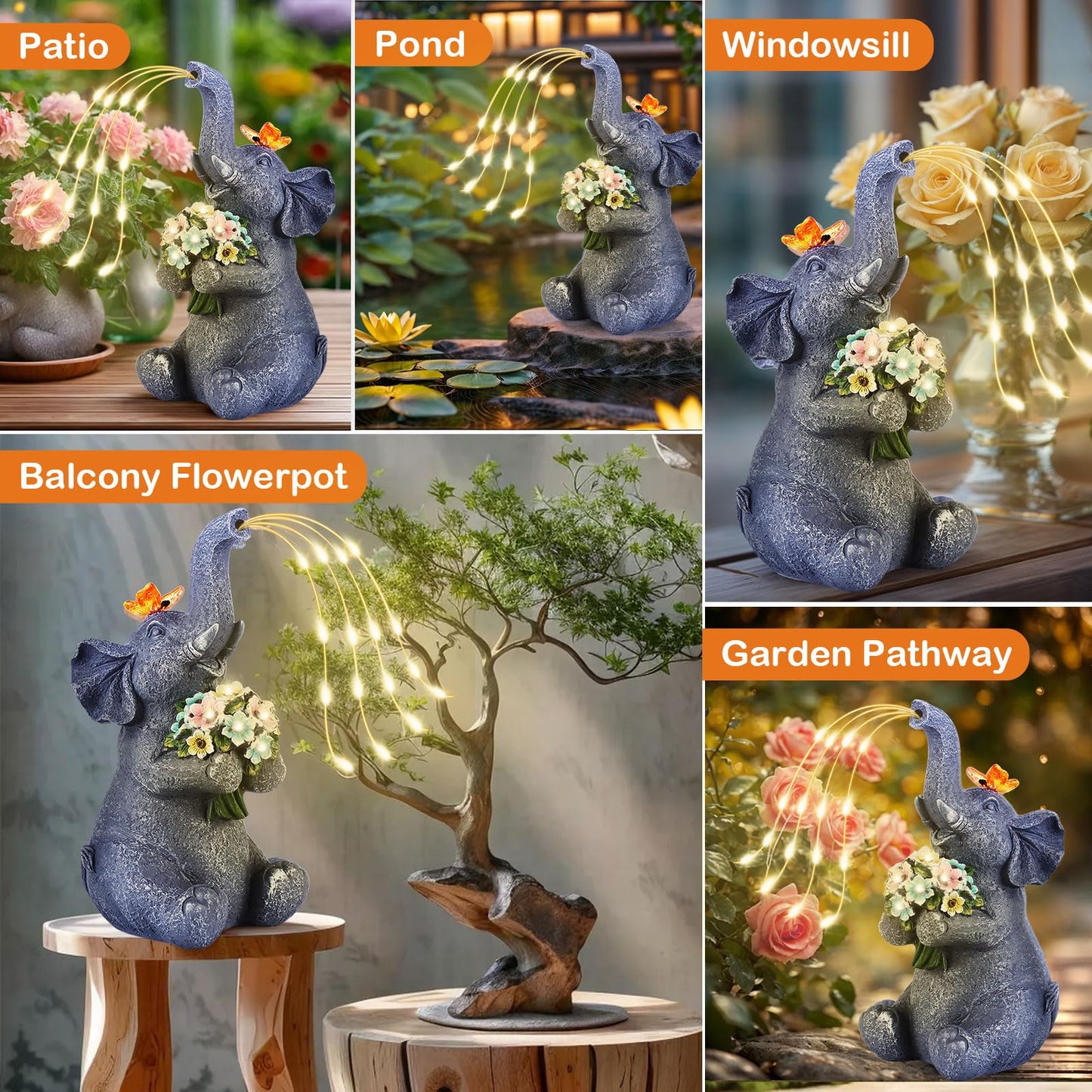 Chlinhuoho Solar Garden Elephant  Lights Watering Decor  Animal Statue Outdoor  Fairy Garden Accessories Patio Yard Balcony Decorations  Lawn Ornament  Housewarming  Birthday Mothers Day Mom Gifts