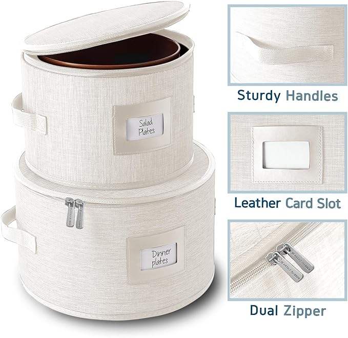 Fine China Storage Containers Hard Shell, 4 Piece Dish Storage Containers, Quilted Plate Containers, Stackable Dish Organizer with Dividers, Dinnerware Storage for Moving and Seasonal Storage, Cream