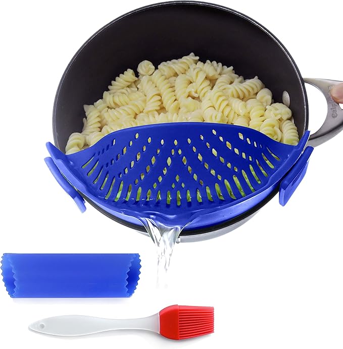 Clip-On Kitchen Food Strainer for Spaghetti, Pasta, Ground Beef Grease, Colander & Sieve Snaps on Bowls, Pots and Pans, Set includes Silicone Strainer, Brush & Garlic Peeler by Salbree (Dark Blue)