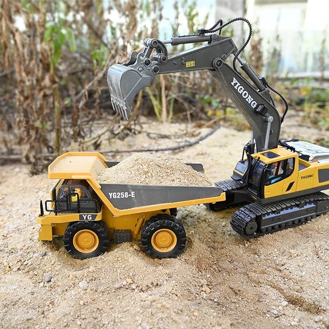 Remote Control Dump Truck Toys 9 Channel 2 Batteries RC Construction Toy Vehicles with Metal Bed Lights/Sounds, Birthday Gifts for Boys Age 3+