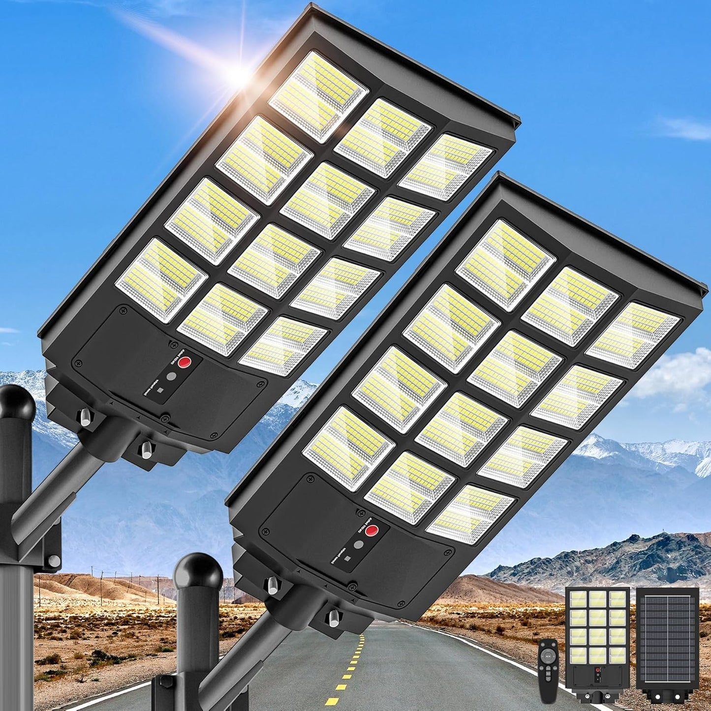 OKPRO 5000W Solar Street Light, IP66 Waterproof, LED with Motion Sensor, Dusk to Dawn, Black, 2 Pack